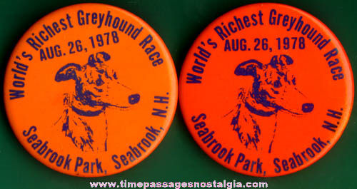 (2) 1978 Seabrook New Hampshire Greyhound Race Park Advertising Pin Back Buttons