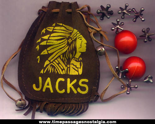 Old Leather Jacks Bag With Game Jacks and Balls