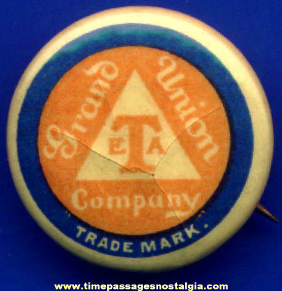 Old Celluloid Grand Union Tea Company Advertising Pin Back Button