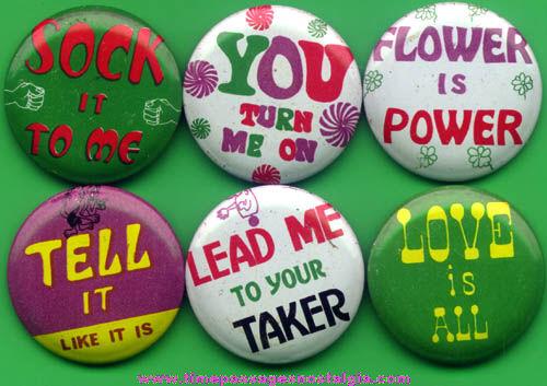 (6) Colorful 1960s - 1970s Gum Ball Machine Prize Pin Back Buttons With Sayings