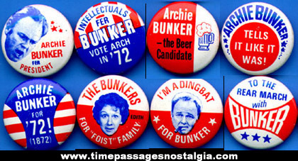 (8) Different 1972 Archie Bunker Gum Ball Machine Prize Political Pin Back Buttons