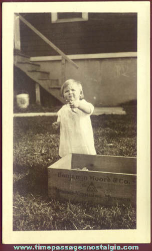 Old Child Photograph With Benjamin Moore Paint Company Wooden Advertising Crate