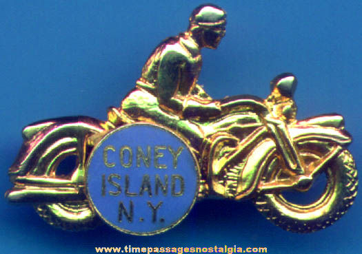 Old Enameled Coney Island New York Advertising Souvenir Motorcycle Pin