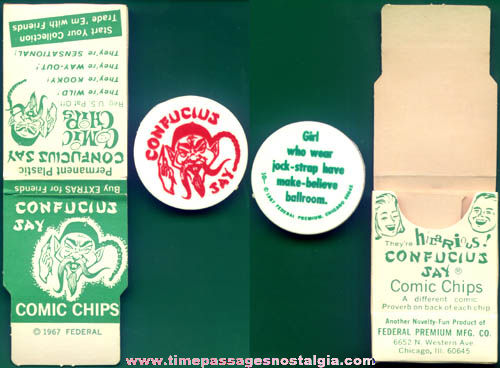 ©1967 Boxed Premium Confucius Say Comic Chip Fortune Coin