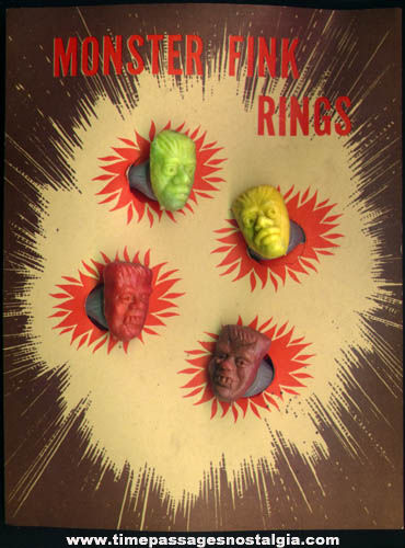 (4) 1960s Monster Character Gum Ball Machine Prize Toy Rings On Advertising Header Card