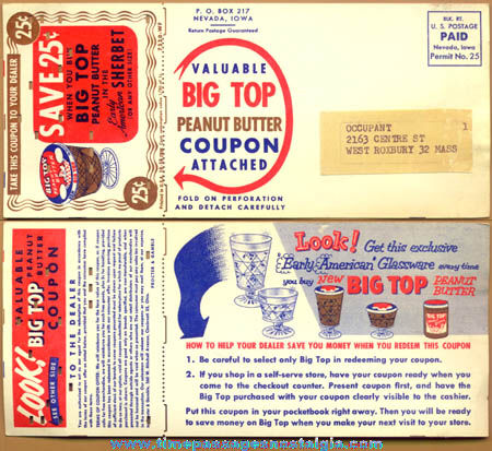 Colorful Old Big Top Peanut Butter Advertising Post Card Coupon With Premium Offer