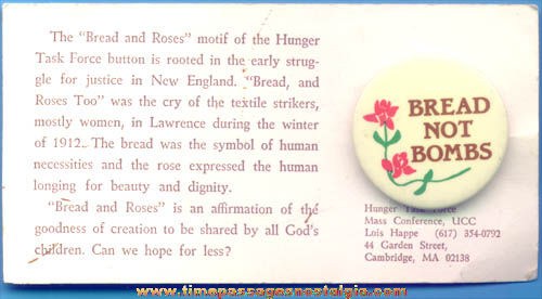 Bread Not Bombs Hunger Task Force Pin Back Button On Card