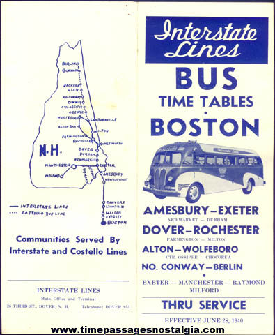 1940 Interstate Lines Advertising Bus Schedule