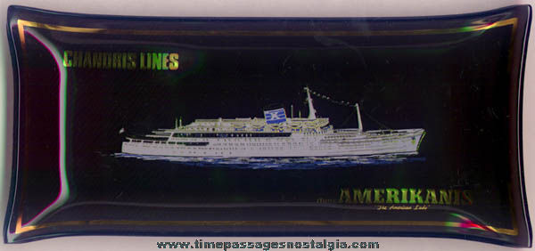 Old Chandris Lines RHMS Amerikanis Cruise Ship Black Glass Advertising Souvenir Tray