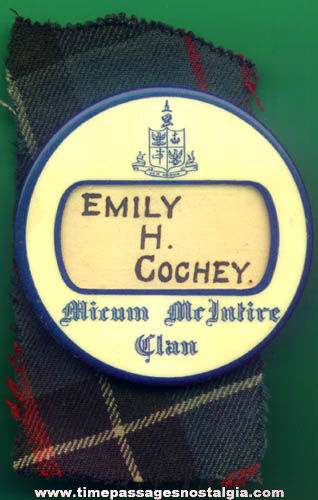 Old Celluloid Scottish Clan Name Badge With Plaid Cloth