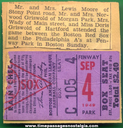1949 Boston Red Sox - Philadelphia As Baseball Game Ticket Stub