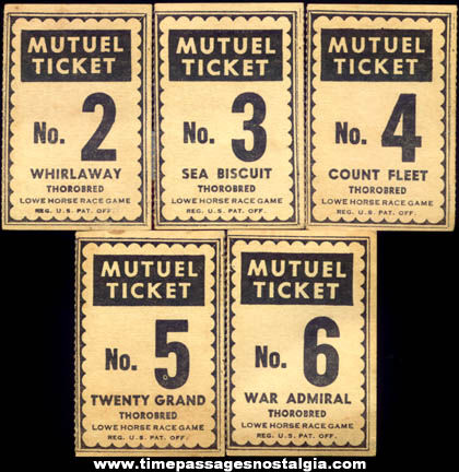 (5) Old Lowe Horse Race Game Mutuel Tickets