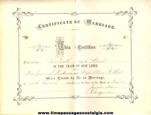 Civil War Era Maine Marriage Certificate