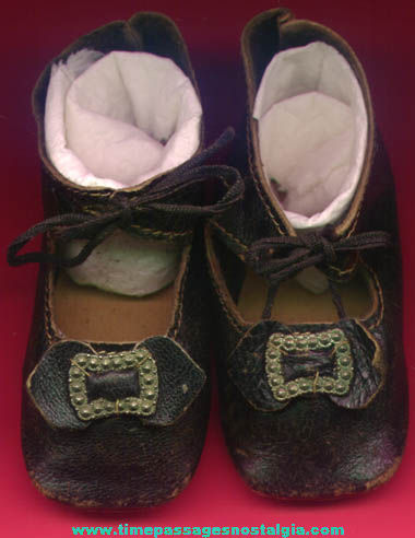 Antique Pair of Black Leather Doll Shoes