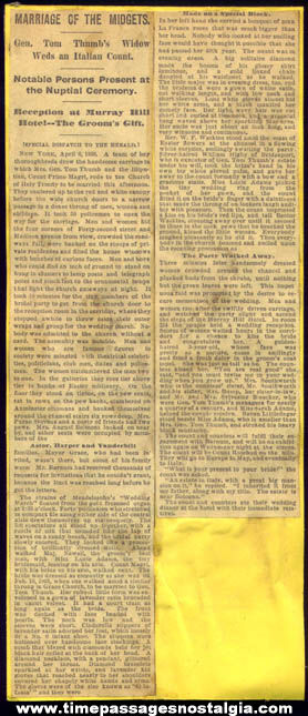 Original 1885 Marriage Of The Midgets Newspaper Article