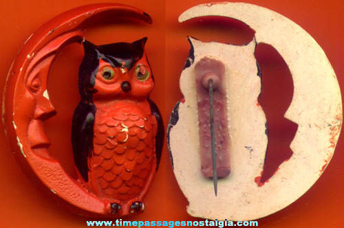 Old Painted Halloween Owl & Crescent Moon Jewelry Pin