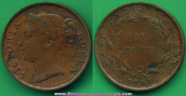 1845 British Malaysia East India Company 1/2 Cent Coin
