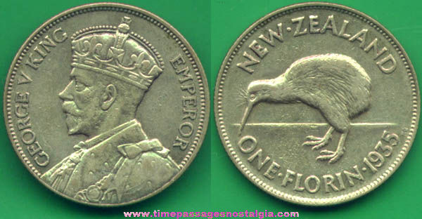 1935 New Zealand One Florin Coin