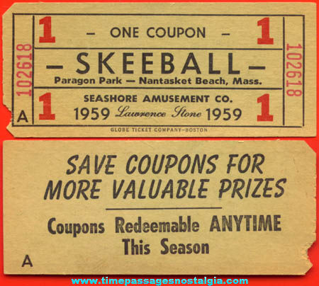 1959 Paragon Park Nantasket Beach, Massachusetts Skeeball Game Ticket