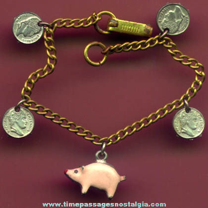 Old Piggy Bank & Coin Charm Bracelet With (5) Charms