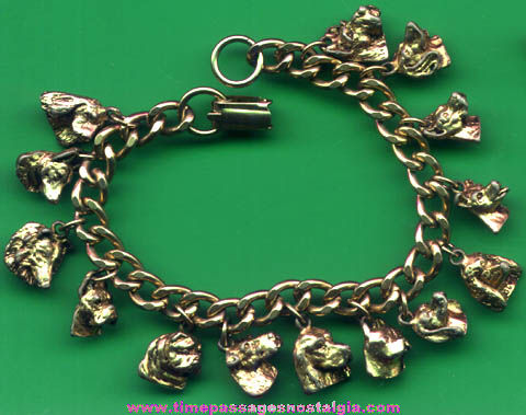 Old Metal Charm Bracelet With (14) Dog Head Charms