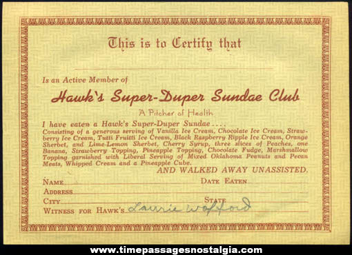 Old Hawks Super Duper Sundae Club Advertising Ice Cream Certificate