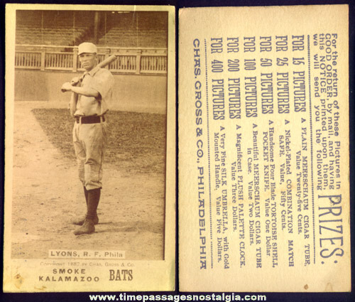 Rare N690 1887 Kalamazoo Bats Denny Lyons Philadelphia Phillies Baseball Tobacco Insert Card
