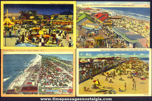 (4) Colorful Old Seaside Heights New Jersey Amusement Park, Boardwalk, & Beach Post Cards