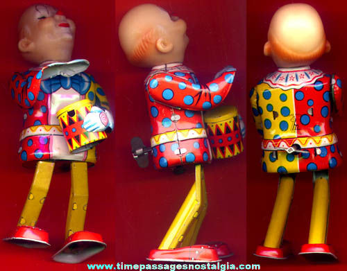 Colorful Old Drumming & Dancing Lithographed Tin Wind Up Toy Circus Clown