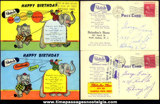 (2) Colorful Old Shoe Store Advertising Childrens Birthday Post Cards