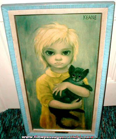 Old Framed Margaret Keane The Stray Big Eye Girl & Cat Art Print