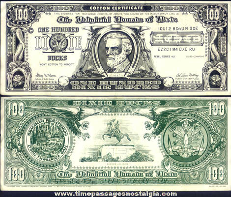 1954 Novelty One Hundred Dixie Bucks Dollar Bill