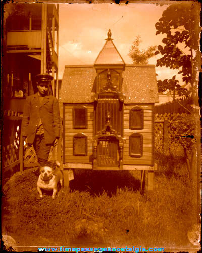 Large Boy Dog & Miniature House Glass Photograph Negative