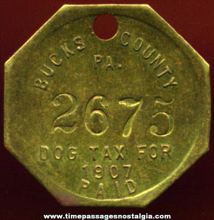 1907 Bucks County Pennsylvania Brass Dog Tax Tag