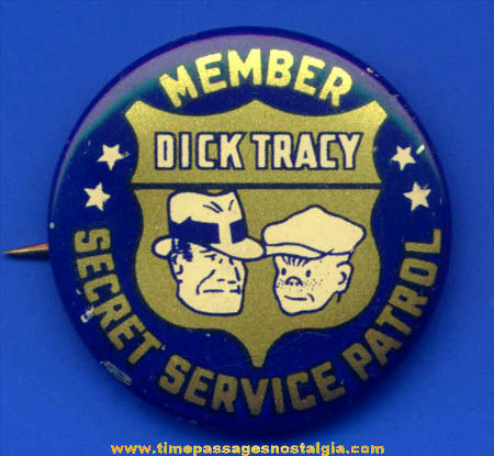 1938 Dick Tracy Secret Service Patrol Lithographed Tin Premium Pin Back Button