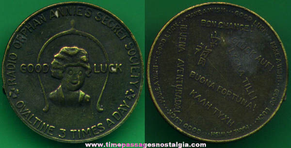 1934 Radio Orphan Annie Brass Good Luck Coin / Token Premium