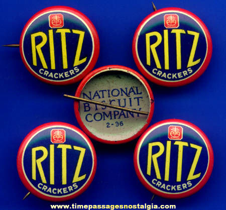 (5) 1936 National Biscuit Company (Nabisco) RITZ Cracker Advertising Premium Pin Back Buttons