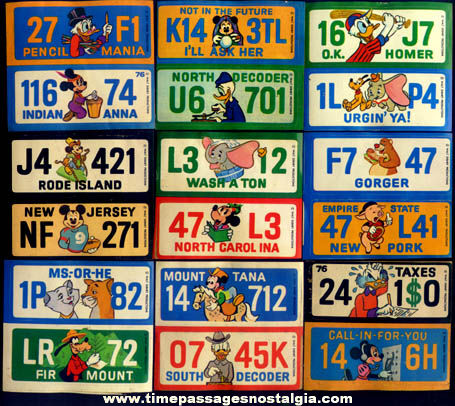 (18) Unused 1976 Walt Disney Character License Plate Premium Stickers