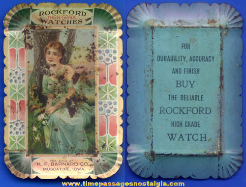 Old Tin Rockford Watches Pretty Lady Advertising Tip Tray