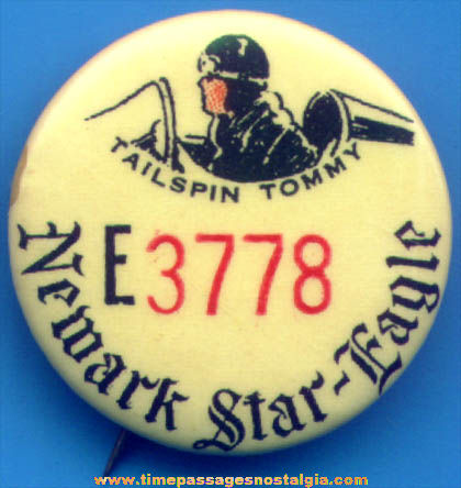 1935 Tailspin Tommy Newark Star Eagle Newspaper Comic Character Celluloid Pin Back Button