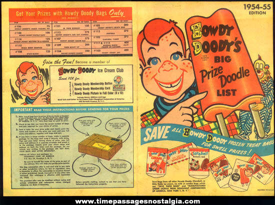 1954 - 1955 Howdy Doody Ice Cream Club Toy Premium Prize List