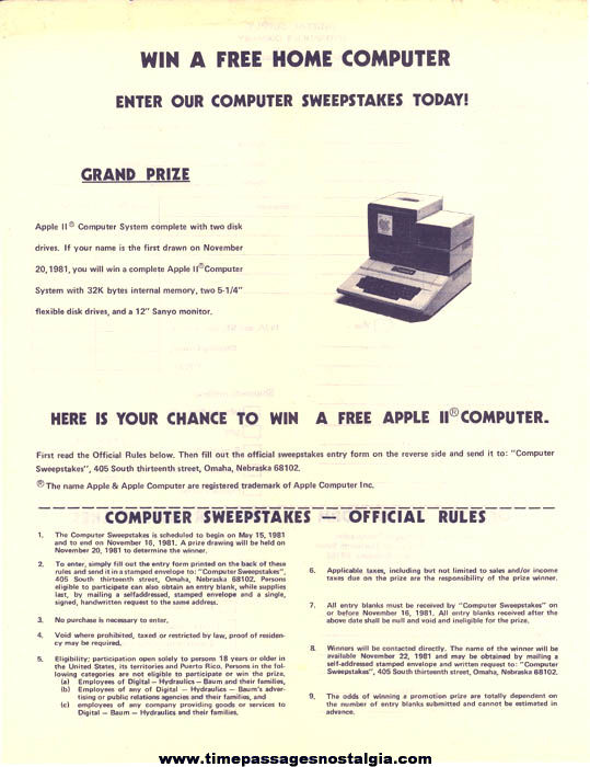 Unused 1981 Apple II Home Computer Sweepstakes Contest Form