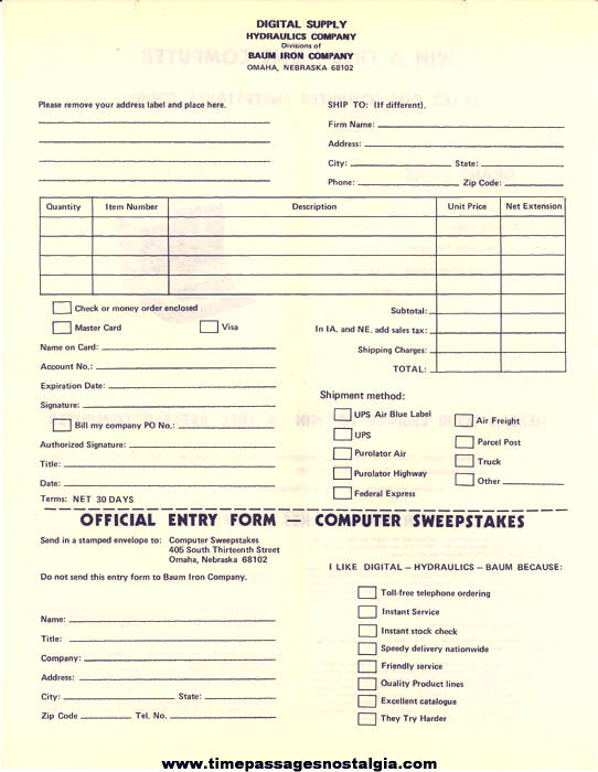 Unused 1981 Apple II Home Computer Sweepstakes Contest Form