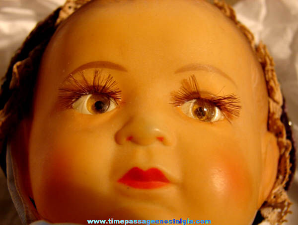 Old Celluloid Baby Doll With Fancy Dress & Beaded Hat