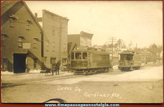 1911 Gardiner Maine Street Car & Sleigh Real Photo Post Card