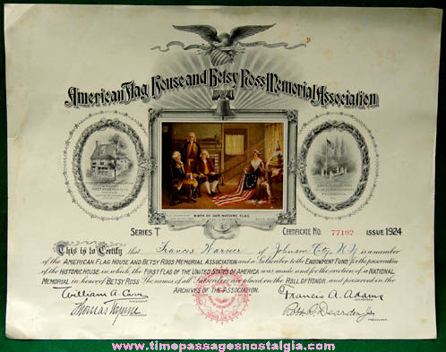 1924 American Flag House and Betsy Ross Memorial Association Certificate