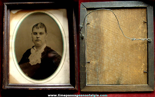 Large Old Framed Victorian Young Lady Tin Type Photograph