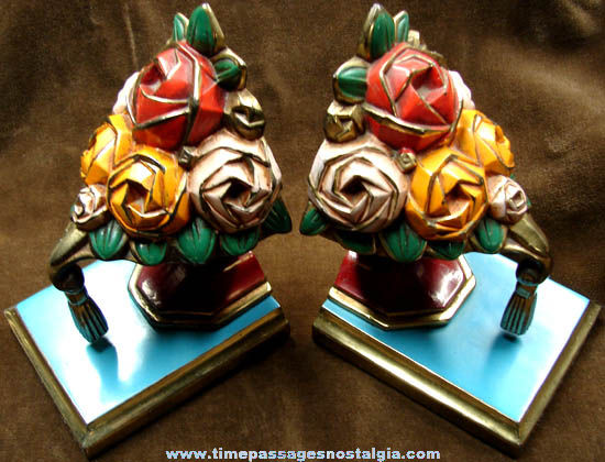 Old Painted Brass Ronson Flower Arrangement Bookend Set