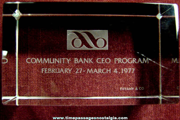 1977 Etched Tiffany Crystal Bank CEO Paper Weight Award