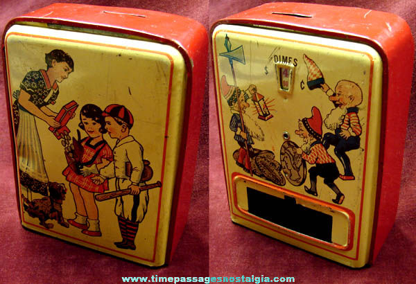 Colorful Old Childrens Tin Dime Register Savings Bank
